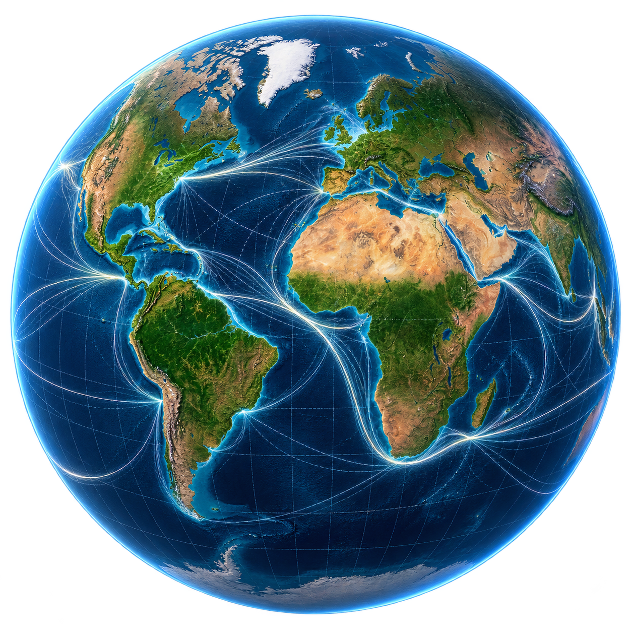 Realistic Earth with latitude and longitude lines and illuminated international maritime shipping routes